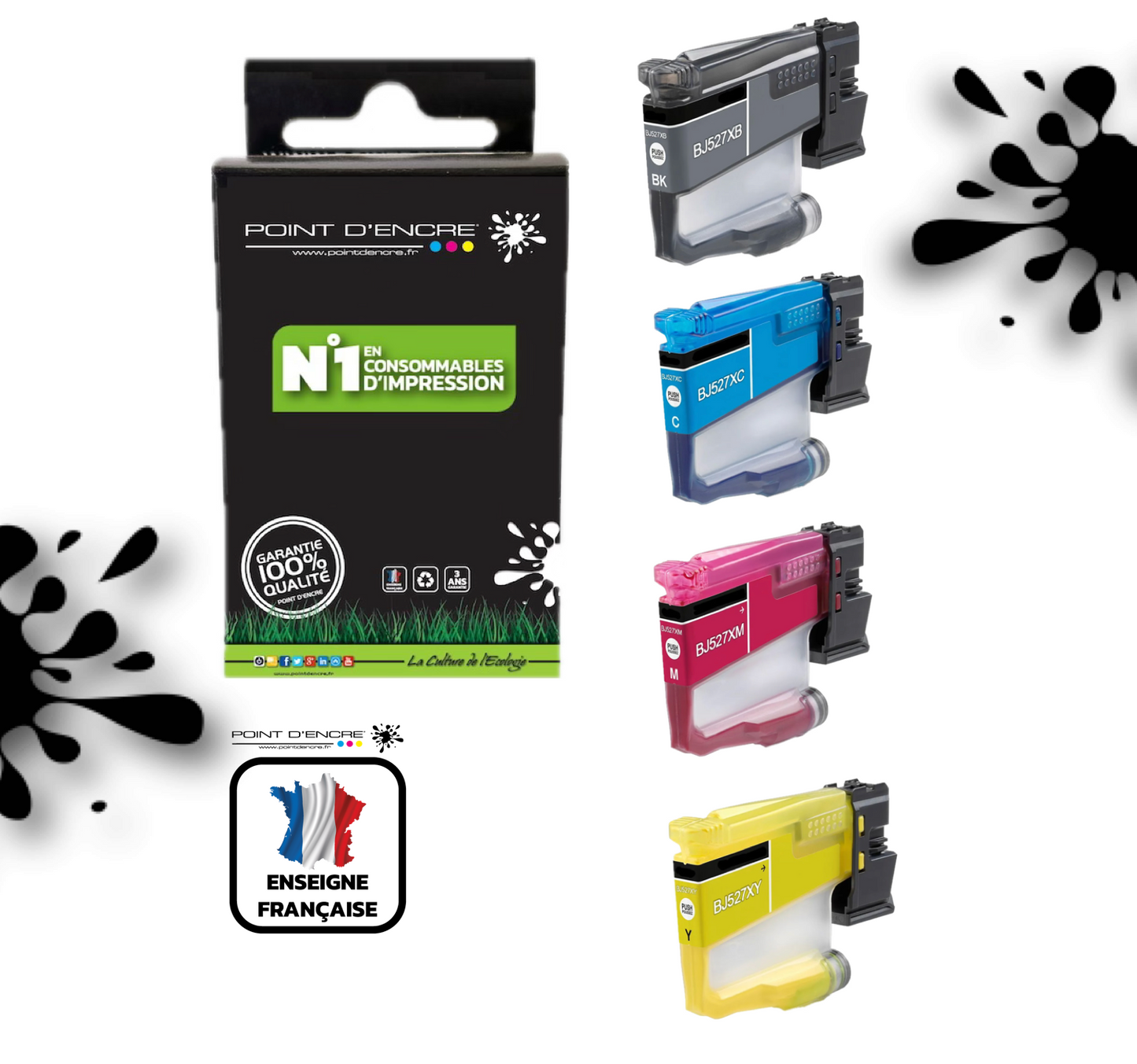 LC527XL - ABONNEMENT - Pack de 4 Cartouches D'encre Noir/Cyan/Magenta/ Jaune - Grande capacité de Marque Française POINT D'ENCRE Pour imprimante compatible BROTHER (ceb)
