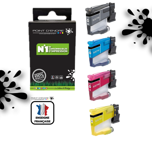 LC527 - Pack de 4 Cartouches D'encre Noir/Cyan/Magenta/ Jaune - Grande capacité de Marque Française POINT D'ENCRE Pour imprimante compatible BROTHER LC527XL(ceb)