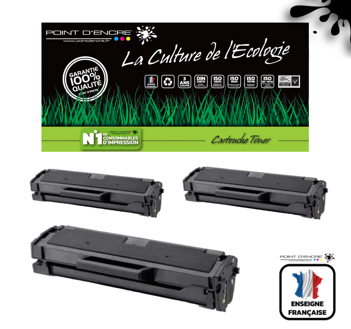 MLT-D111L / MLT-D111S - 3 X NOIR - Grande capacité Marque Francaise POINT D'ENCRE SU799A / SU810A pour Imprimantes compatibles HP (clsa)