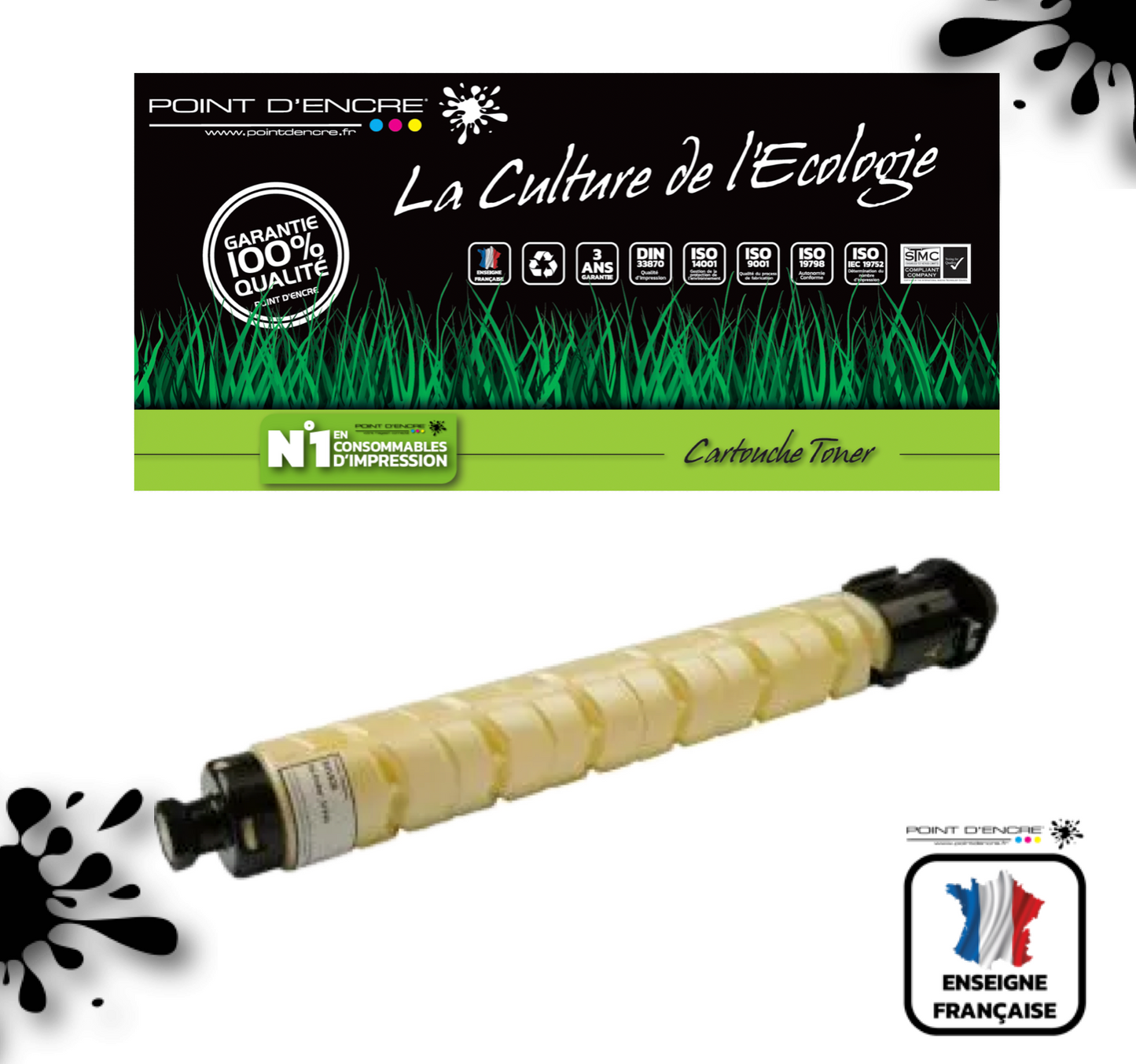 841926 - JAUNE - Grande capacité de Marque Française POINT D'ENCRE Pour imprimante compatible Ricoh (clric)