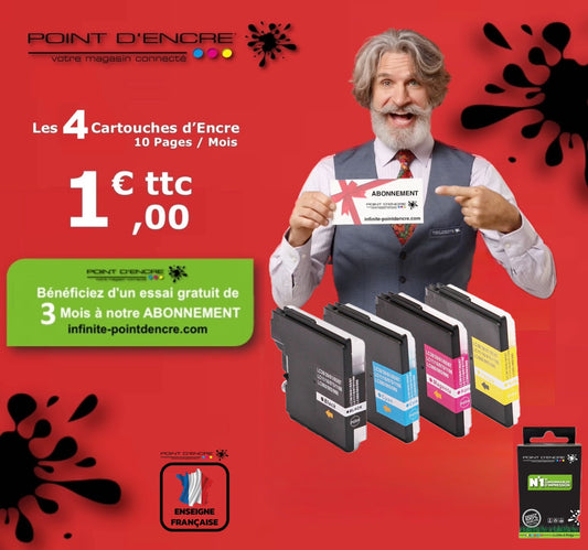 LC980XL / LC985XL / LC1100XL- ABONNEMENT - Pack de 4 Cartouches D'encre Noir/Cyan/Magenta/ Jaune - Grande capacité de Marque Française POINT D'ENCRE Pour imprimante compatible BROTHER (ceb)