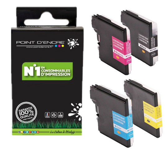 LC980XL / LC985XL / LC1100XL- Pack de 4 Cartouches D'encre Noir/Cyan/Magenta/ Jaune - Grande capacité de Marque Française POINT D'ENCRE Pour imprimante compatible BROTHER (ceb)