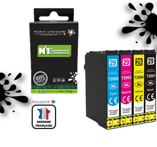 29XL - Fraise - Pack de 4 Cartouches D'encre Noir/Cyan/Magenta/ Jaune - Grande capacité de Marque Francaise POINT D'ENCRE Pour imprimante compatible EPSON (cee)