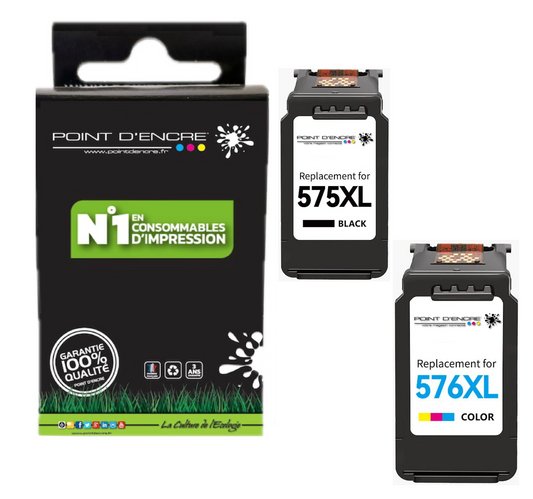 PG-575XL / CL-576XL - NOIR / COULEUR - Grande capacité de Marque Française POINT D'ENCRE - Pour imprimante compatible CANON (cec)