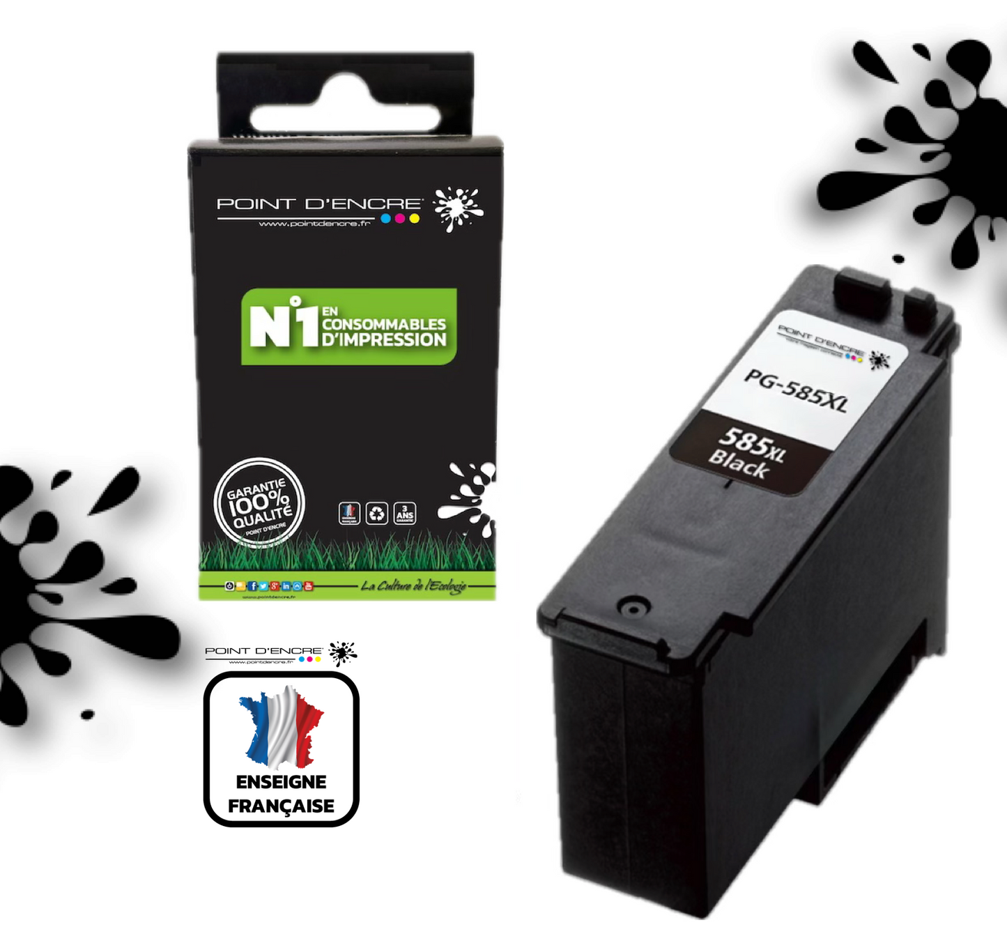 PG-585XL - NOIR - Grande capacité de Marque Française POINT D'ENCRE - Pour imprimante compatible CANON (cec)