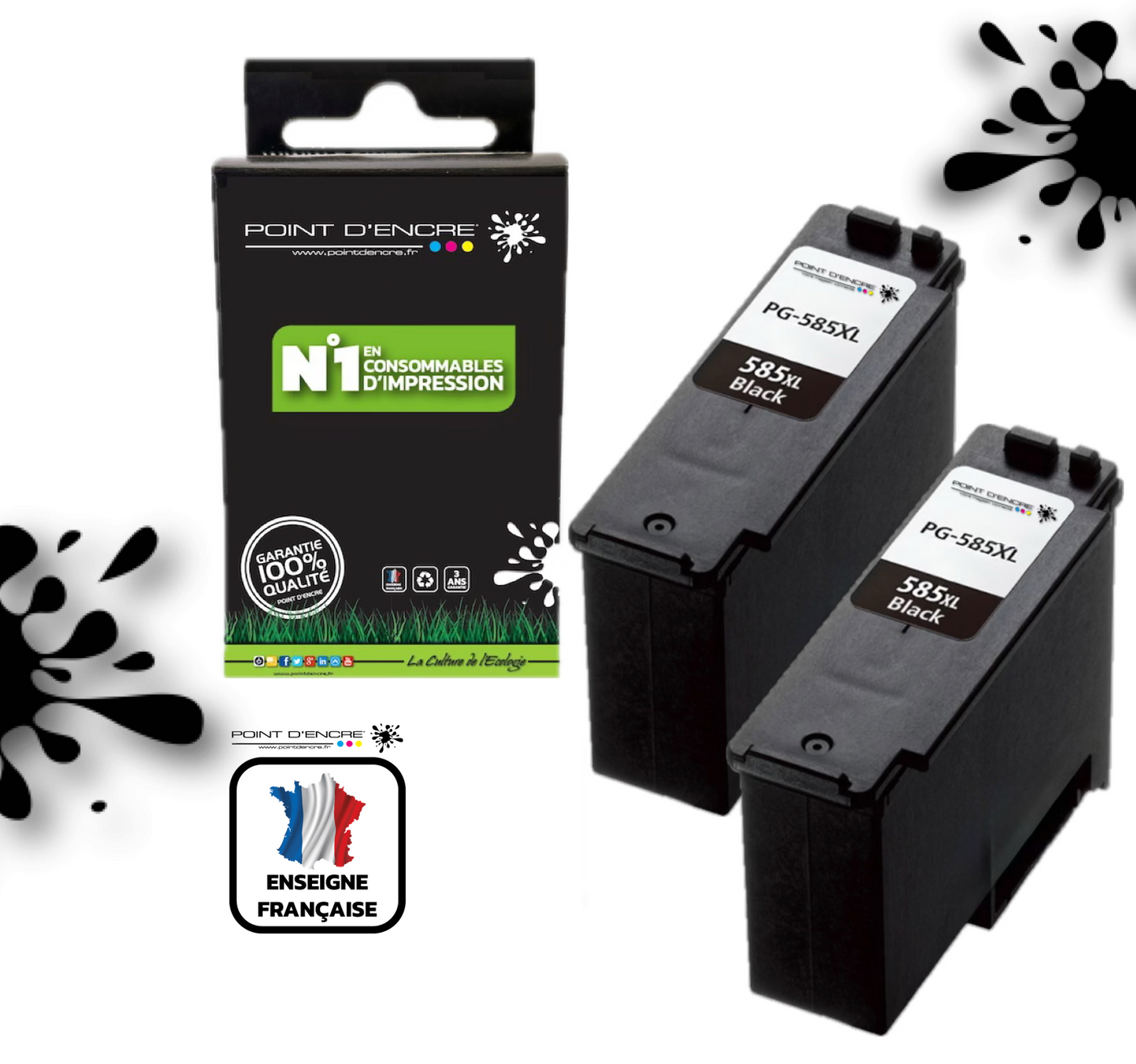 PG-585XL - 2 X NOIR - Grande capacité de Marque Française POINT D'ENCRE - Pour imprimante compatible CANON (cec)