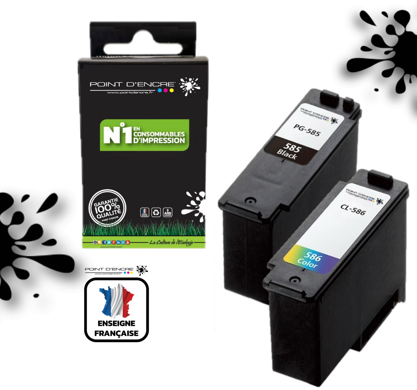 PG-585XL / CL-586XL - NOIR / COULEUR - Grande capacité de Marque Française POINT D'ENCRE - Pour imprimante compatible CANON (cec)