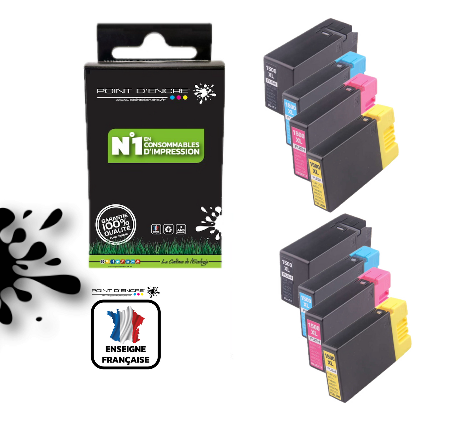 PGI-1500XL - 2 X Packs Noir / Cyan / Magenta / Jaune - Grande capacité de Marque Francaise POINT D'ENCRE Pour imprimante compatible CANON (cec)