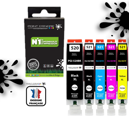 PGI-520 / CLI-521 - Pack NOIR / NOIR PH / CYAN / MAGENTA / JAUNE - Grande capacité de Marque Française POINT D'ENCRE - Pour imprimante compatible CANON (cec)