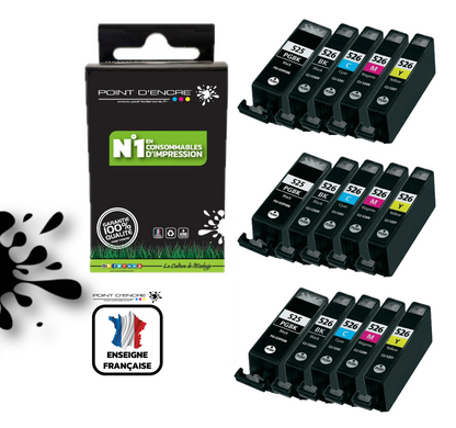 PGI-525 / CLI-526 - 3 X PACKS NOIR / NOIR PHOTO / CYAN / MAGENTA / JAUNE - Grande capacité de Marque Française POINT D'ENCRE Pour imprimante compatible CANON (cec)