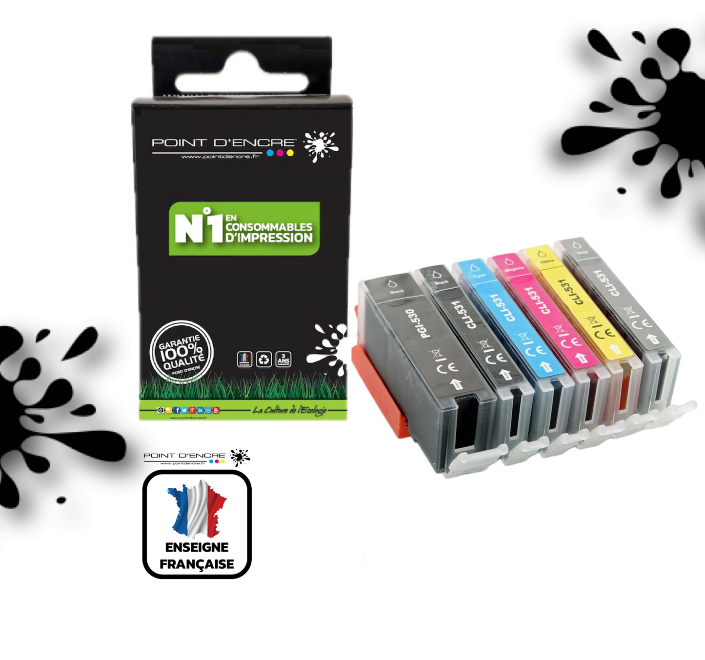 PGI-530 / CLI-531 - NOIR / NOIR PHOTO / CYAN / MAGENTA / JAUNE / GRISE - Grande capacité de Marque Française POINT D'ENCRE Pour imprimante compatible CANON (cec)