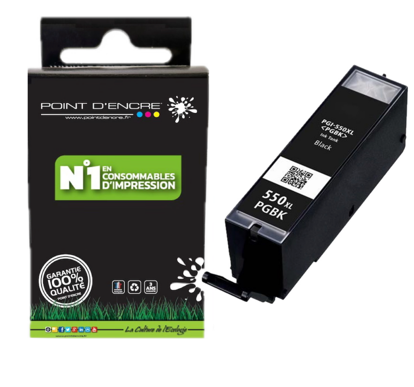PGI-550XL  - NOIR - Grande capacité de Marque Française POINT D'ENCRE Pour imprimante compatible CANON (cec)