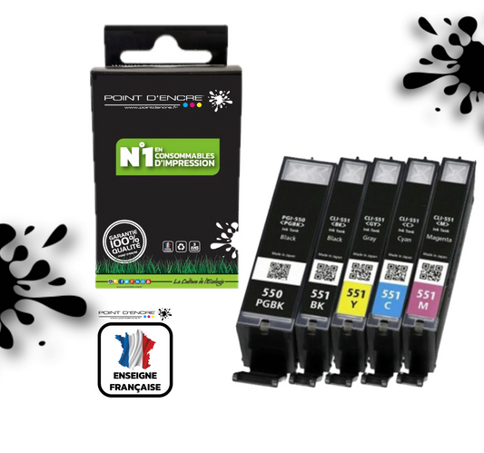 PGI-550XL / CLI-551XL - NOIR / CYAN / MAGENTA / JAUNE / NOIR PHOTO - Grande capacité de Marque Française POINT D'ENCRE Pour imprimante compatible CANON (cec)