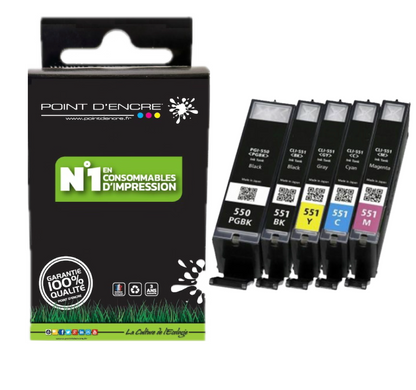 PGI-550XL / CLI-551XL - NOIR / CYAN / MAGENTA / JAUNE / NOIR PHOTO - Grande capacité de Marque Française POINT D'ENCRE Pour imprimante compatible CANON (cec)