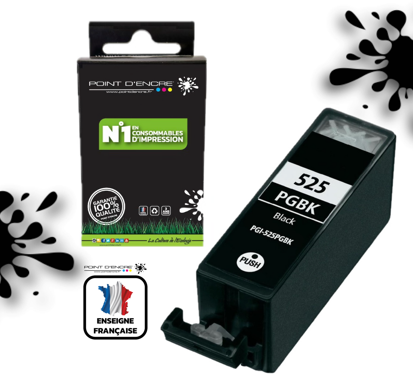 PGI-525 - NOIR - Grande capacité de Marque Française POINT D'ENCRE Pour imprimante compatible CANON (cec)