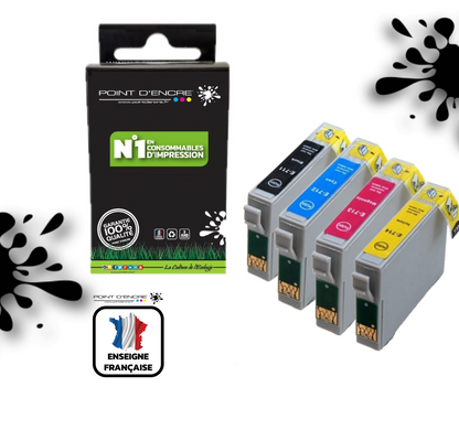T0715 - Guépard - Pack de 4 Cartouches D'encre T0711-Noir/ T0712 Cyan/ T0713 Magenta/ T0714 Jaune - Grande capacité de Marque Française POINT D'ENCRE Pour imprimante compatible EPSON (cee)