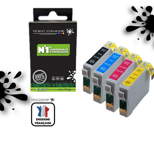T0715 - Guépard - Pack de 4 Cartouches D'encre T0711-Noir/ T0712 Cyan/ T0713 Magenta/ T0714 Jaune - Grande capacité de Marque Française POINT D'ENCRE Pour imprimante compatible EPSON (cee)