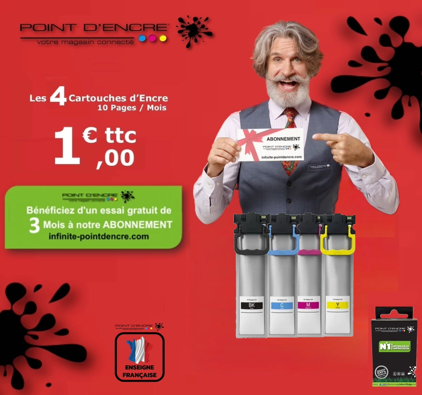 T9451/T9441 - T9452/T9442 - T9453/T9443 - T9454/T9444 - ABONNEMENT - Pack de 4 Cartouches D'encre Noir/Cyan/Magenta/ Jaune - Grande capacité de Marque Française POINT D'ENCRE Pour imprimante compatible EPSON (cee)