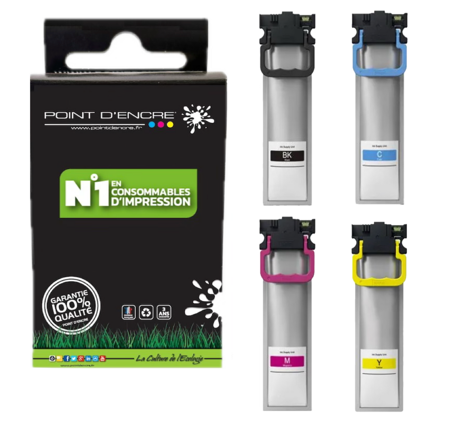 T9451/T9441 - T9452/T9442 - T9453/T9443 - T9454/T9444 - ABONNEMENT - Pack de 4 Cartouches D'encre Noir/Cyan/Magenta/ Jaune - Grande capacité de Marque Française POINT D'ENCRE Pour imprimante compatible EPSON (cee)