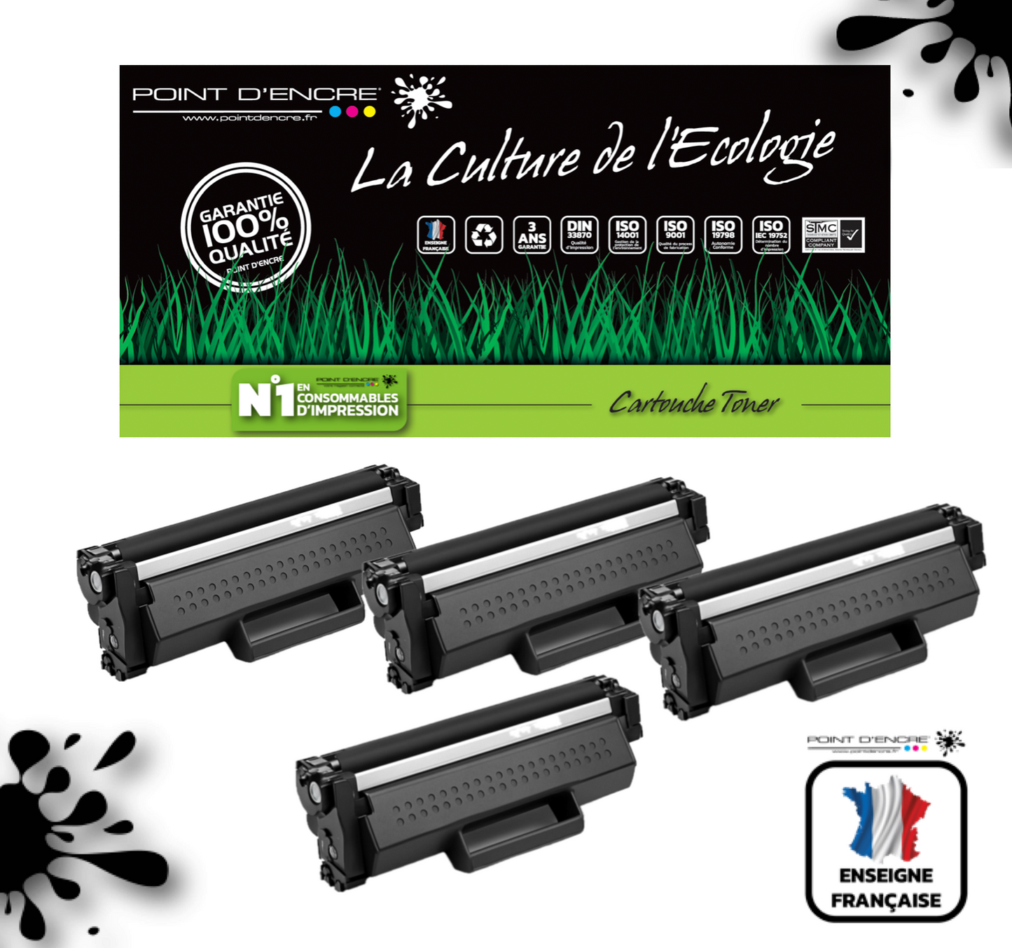 TN1150 - 4 X Noir - Grande capacité Marque Francaise POINT D'ENCRE pour Imprimantes compatibles Brother (clp)