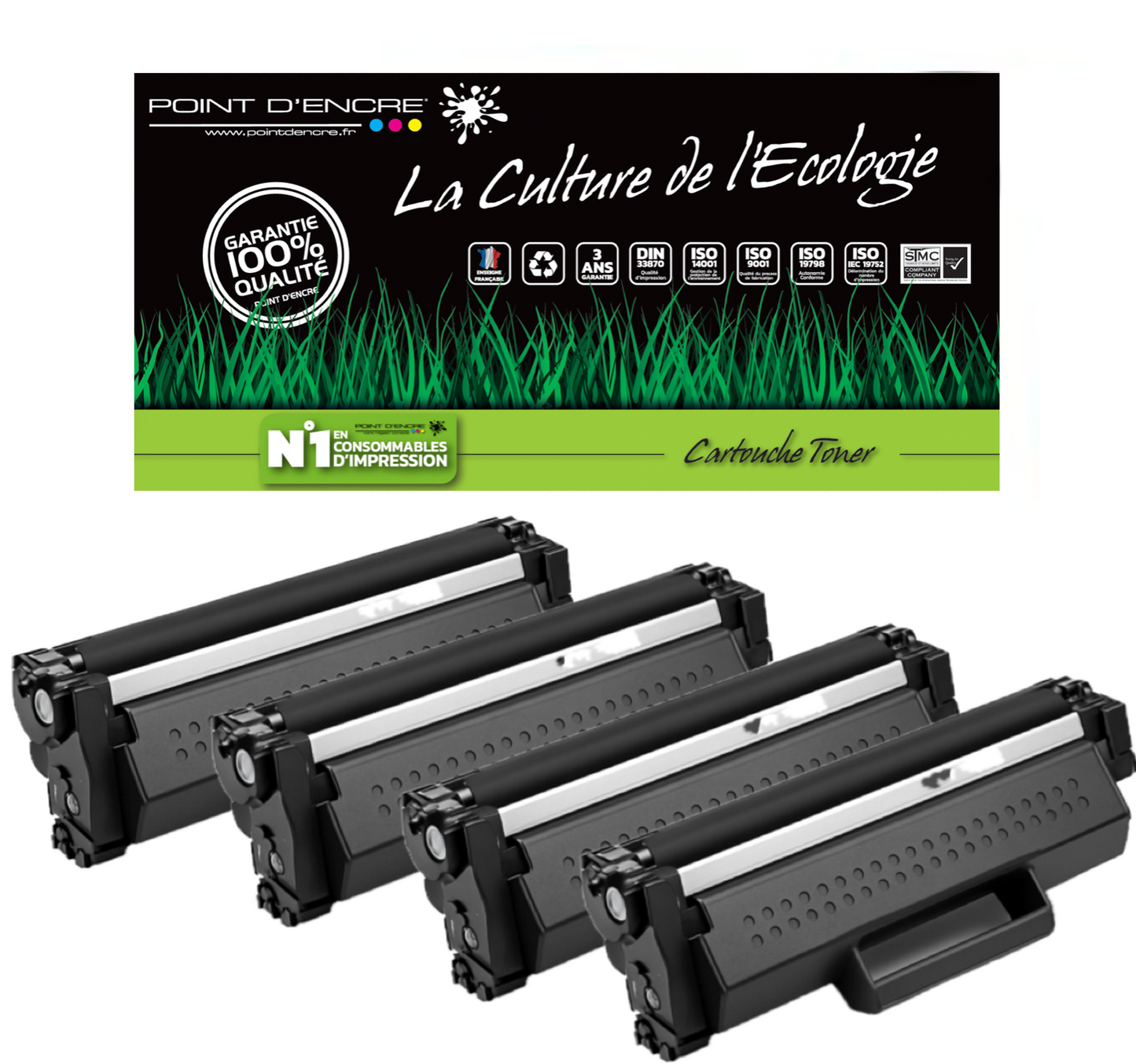 TN1150 - 4 X Noir - Grande capacité Marque Francaise POINT D'ENCRE pour Imprimantes compatibles Brother (clp)