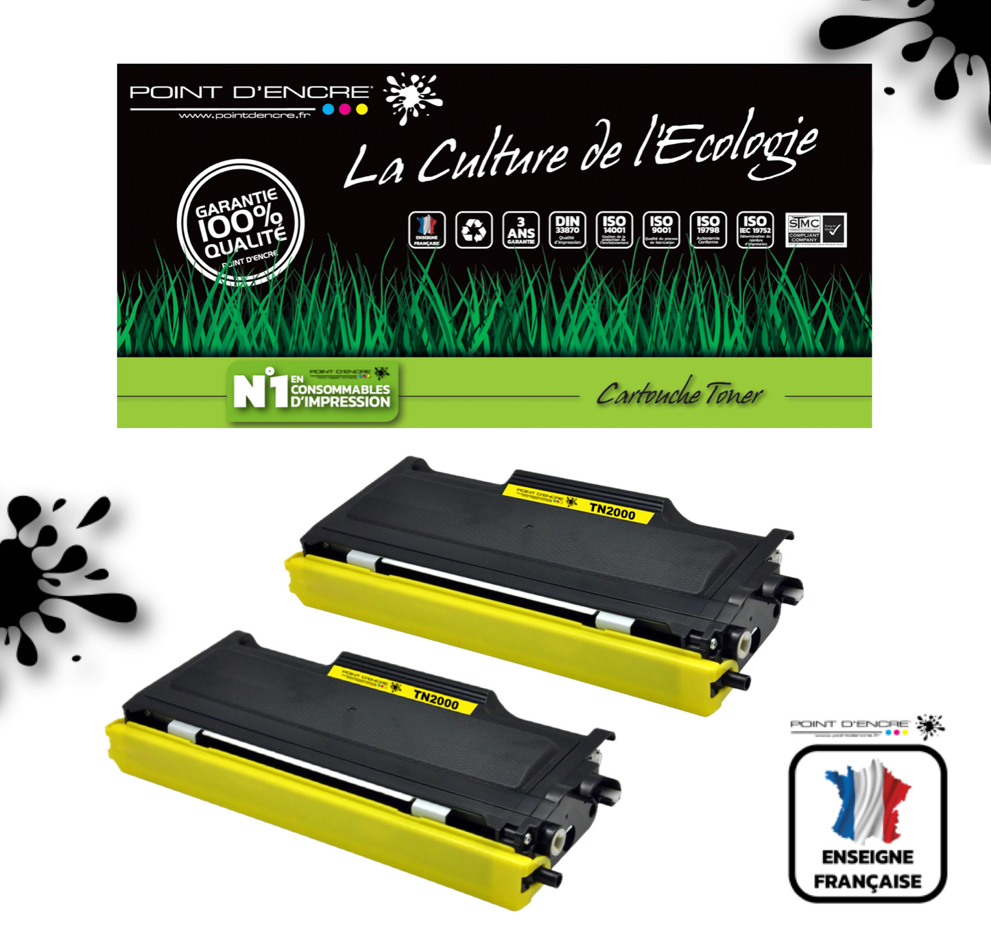 TN2000 - 2 X NOIR - Grande capacité Marque Francaise POINT D'ENCRE pour Imprimantes compatibles Brother (clbr)