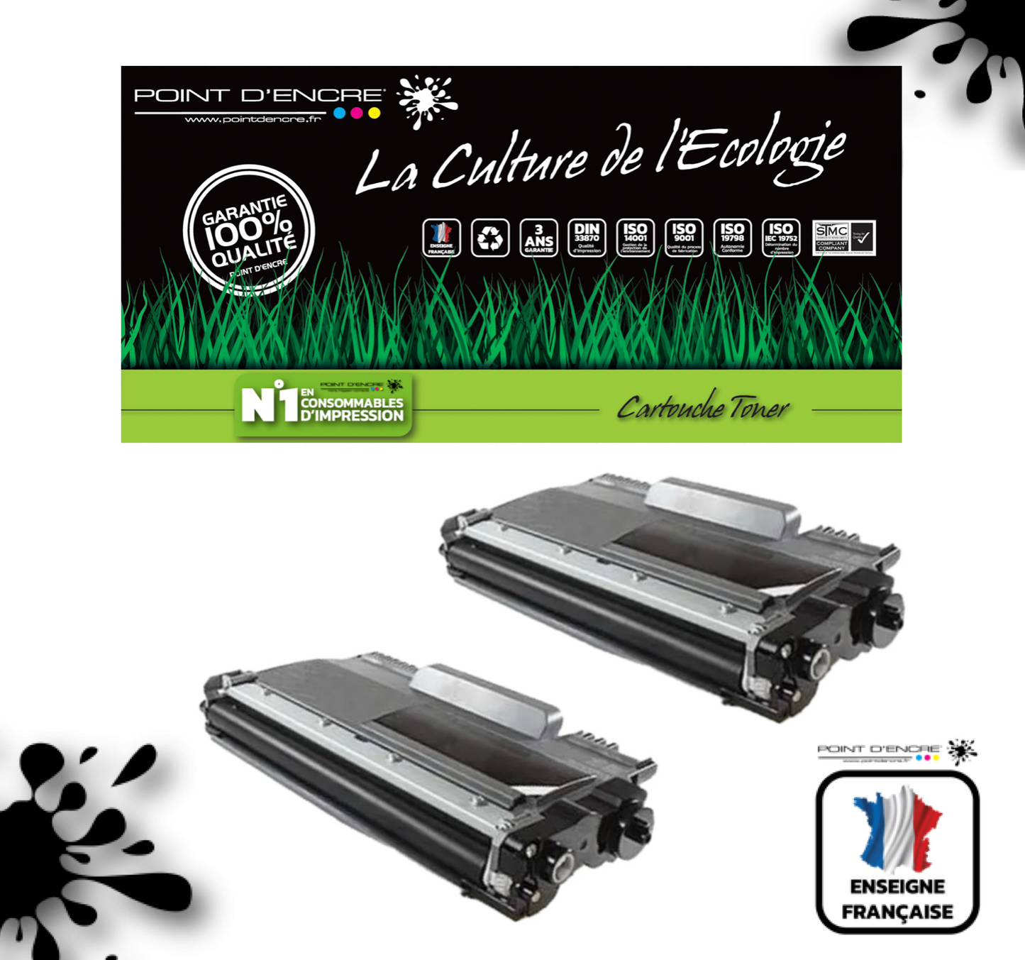 2 X TN2220/TN2210/TN2010/TN450 - NOIR - Grande capacité Marque Francaise POINT D'ENCRE SU799A / SU810A pour Imprimantes compatibles Brother (clbr)