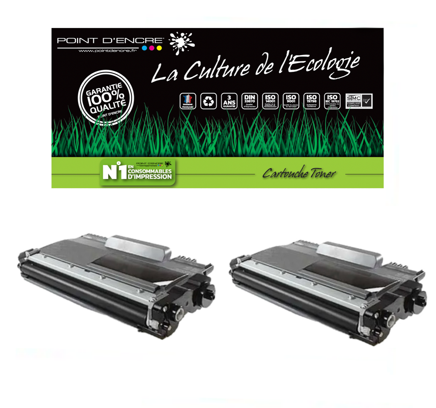 2 X TN2220/TN2210/TN2010/TN450 - NOIR - Grande capacité Marque Francaise POINT D'ENCRE SU799A / SU810A pour Imprimantes compatibles Brother (clbr)