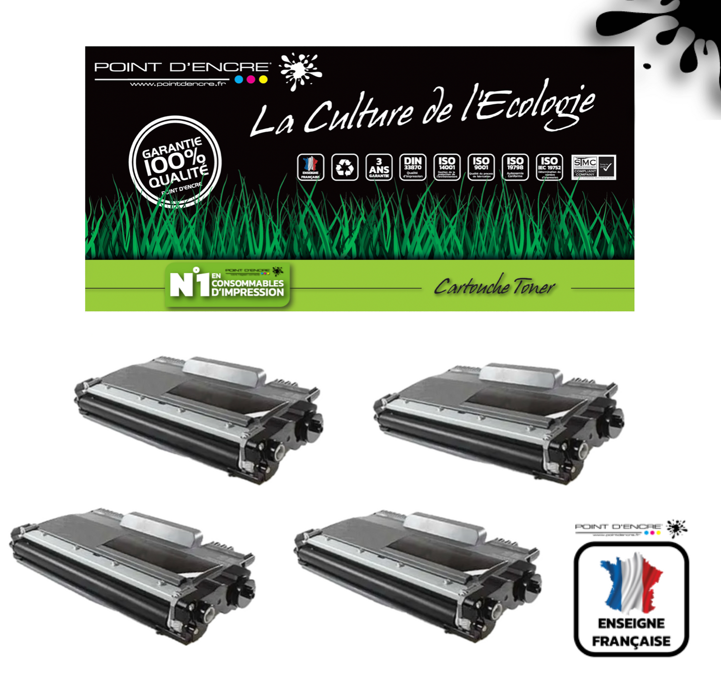 4 X TN2220/TN2210/TN2010/TN450 - NOIR - Grande capacité Marque Francaise POINT D'ENCRE SU799A / SU810A pour Imprimantes compatibles Brother (clbr)