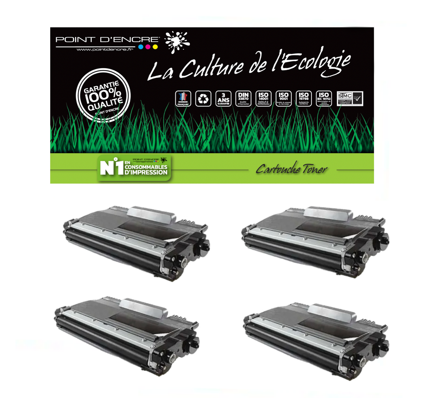 4 X TN2220/TN2210/TN2010/TN450 - NOIR - Grande capacité Marque Francaise POINT D'ENCRE SU799A / SU810A pour Imprimantes compatibles Brother (clbr)