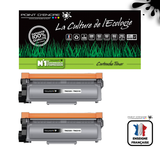 TN2320/TN2310/ - 2 X Noir - Grande capacité Marque Francaise POINT D'ENCRE/ DR2300 pour Imprimantes compatibles Brother (clp)