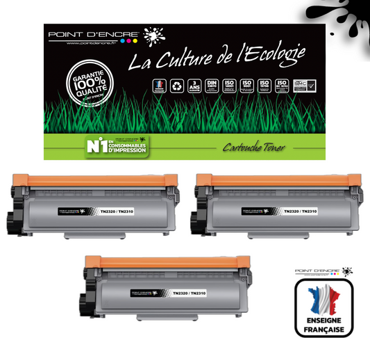 TN2320/TN2310/ - 3 X Noir - Grande capacité Marque Francaise POINT D'ENCRE/ DR2300 pour Imprimantes compatibles Brother (clp)
