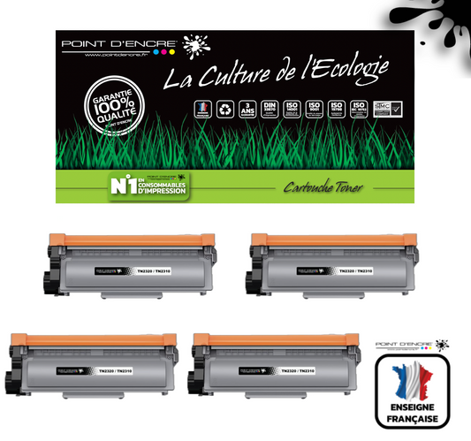 TN2320/TN2310/ - 4 X Noir - Grande capacité Marque Francaise POINT D'ENCRE/ DR2300 pour Imprimantes compatibles Brother (clp)