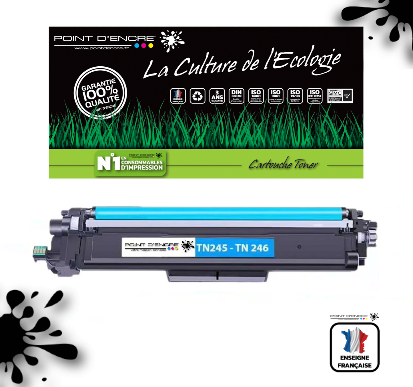 TN241 / TN245 / TN242 / TN246 - CYAN - Grande capacité Marque Francaise POINT D'ENCRE pour Imprimantes compatibles Brother (clbr)