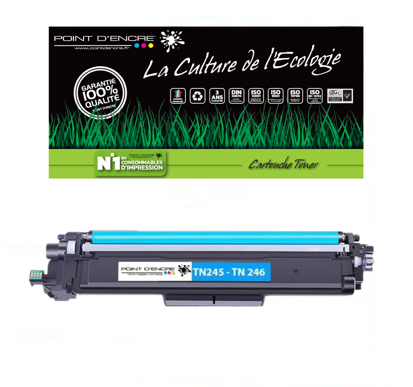 TN241 / TN245 / TN242 / TN246 - CYAN - Grande capacité Marque Francaise POINT D'ENCRE pour Imprimantes compatibles Brother (clbr)