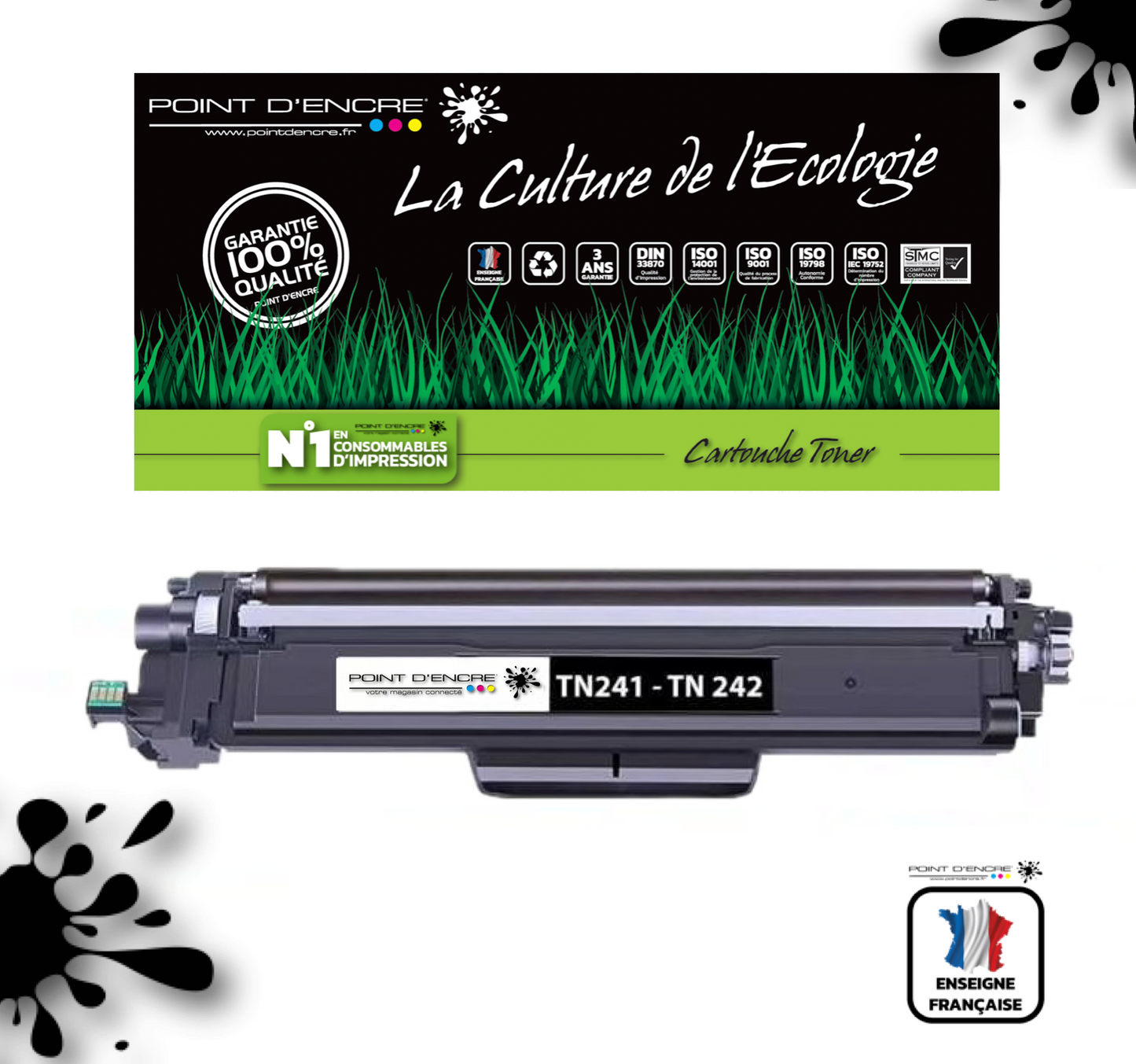 TN241 / TN245 / TN242 / TN246 - NOIR - Grande capacité Marque Francaise POINT D'ENCRE pour Imprimantes compatibles Brother (clbr)