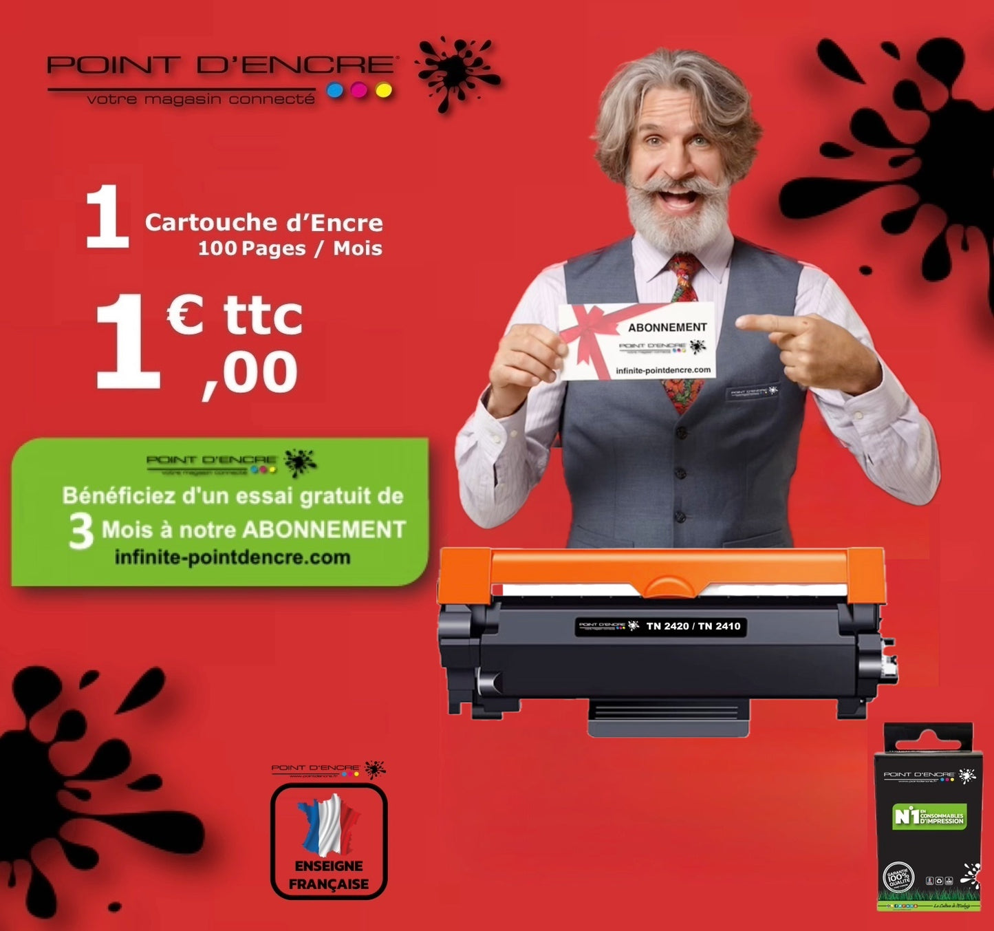 TN2420 / TN2410 - ABONNEMENT - Cartouche d'encre Toner - Noir - Grande capacité Marque Francaise POINT D'ENCRE pour Imprimantes compatibles Brother (clp)