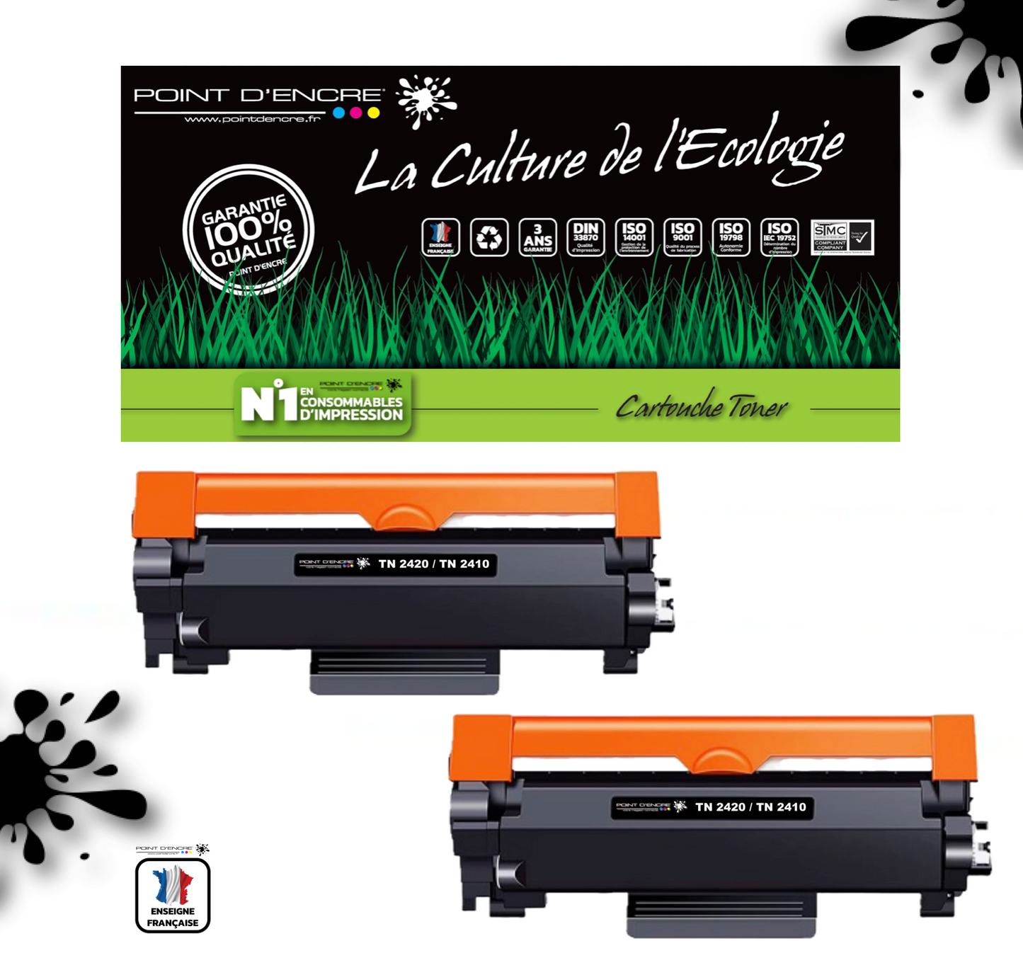 TN2420 / TN2410 Pack de 2 x cartouches d'encre Toner- Noir - Grande capacité Marque Francaise POINT D'ENCRE pour Imprimantes compatibles Brother (clp)