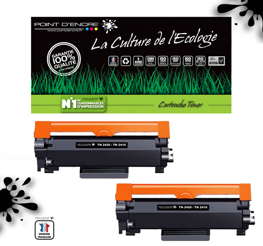 TN2420 / TN2410 Pack de 2 x cartouches d'encre Toner- Noir - Grande capacité Marque Francaise POINT D'ENCRE pour Imprimantes compatibles Brother (clp)