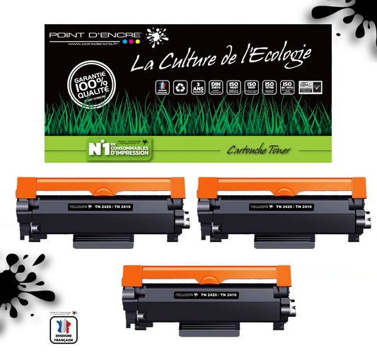 TN2420 / TN2410 Pack de 3 x cartouches d'encre Toner- Noir - Grande capacité Marque Francaise POINT D'ENCRE pour Imprimantes compatibles Brother (clp)