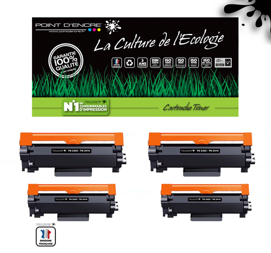 TN2420 / TN2410 Pack de 4 x cartouches d'encre Toner- Noir - Grande capacité Marque Francaise POINT D'ENCRE pour Imprimantes compatibles Brother (clp)