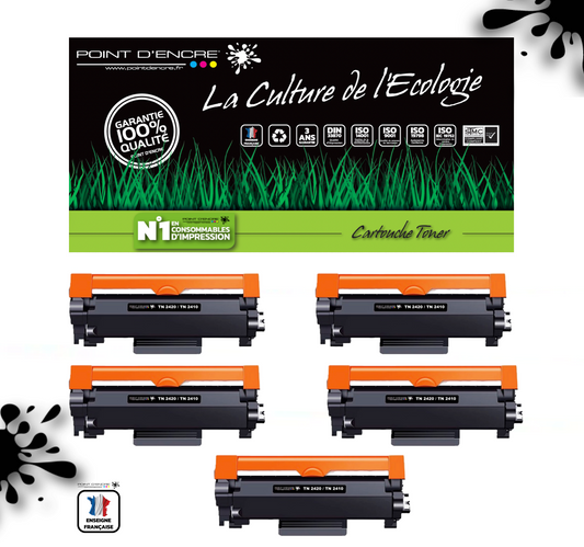 TN2420 / TN2410 Pack de 5 x cartouches d'encre Toner- Noir - Grande capacité Marque Francaise POINT D'ENCRE pour Imprimantes compatibles Brother (clp)