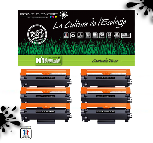 TN2420 / TN2410 Pack de 6 x cartouches d'encre Toner- Noir - Grande capacité Marque Francaise POINT D'ENCRE pour Imprimantes compatibles Brother (clp)