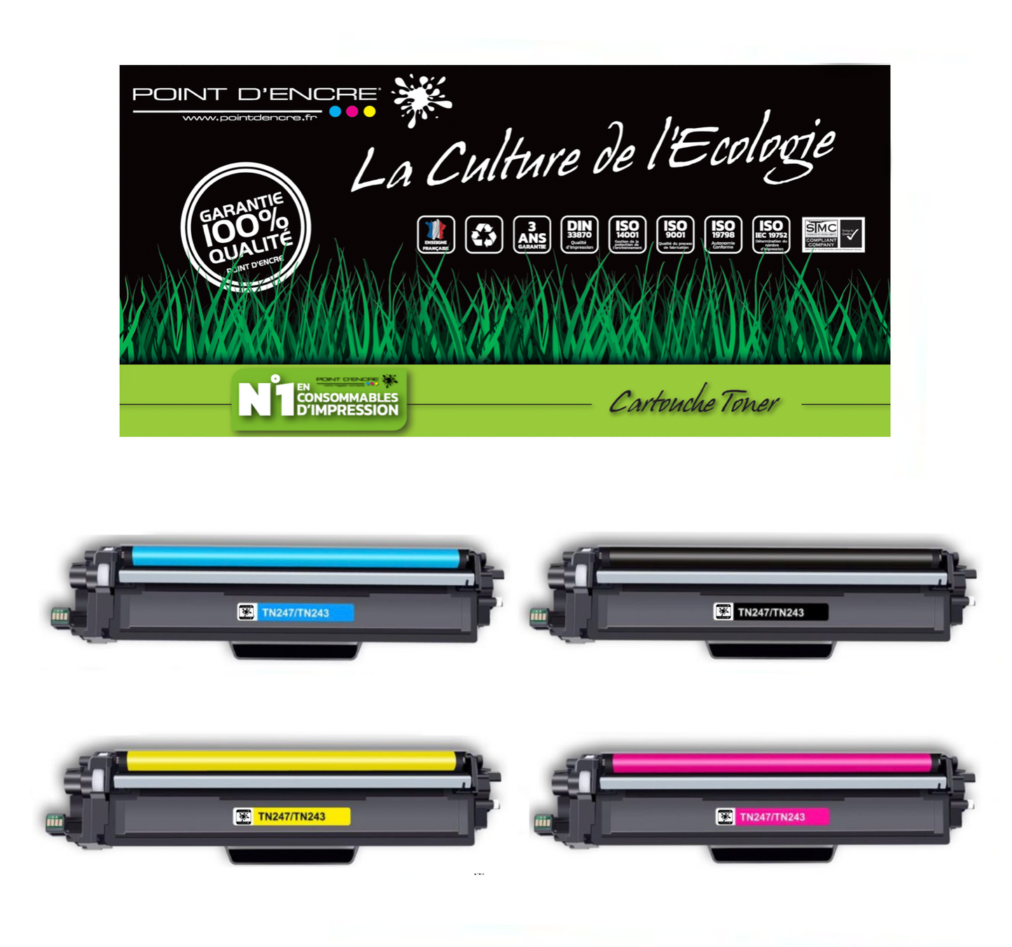 TN247 / TN243 -  4 Cartouches BK/C/M/Y/ - Grande capacité Marque Francaise POINT D'ENCRE pour Imprimantes compatibles Brother (clbr)