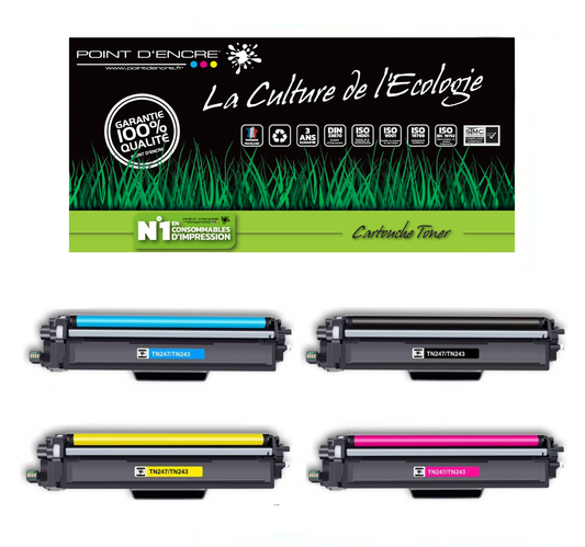 TN247 / TN243 -  4 Cartouches BK/C/M/Y/ - Grande capacité Marque Francaise POINT D'ENCRE pour Imprimantes compatibles Brother (clbr)
