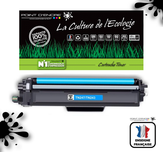 TN247 / TN243 - CYAN - Grande capacité Marque Francaise POINT D'ENCRE pour Imprimantes compatibles Brother (clbr)