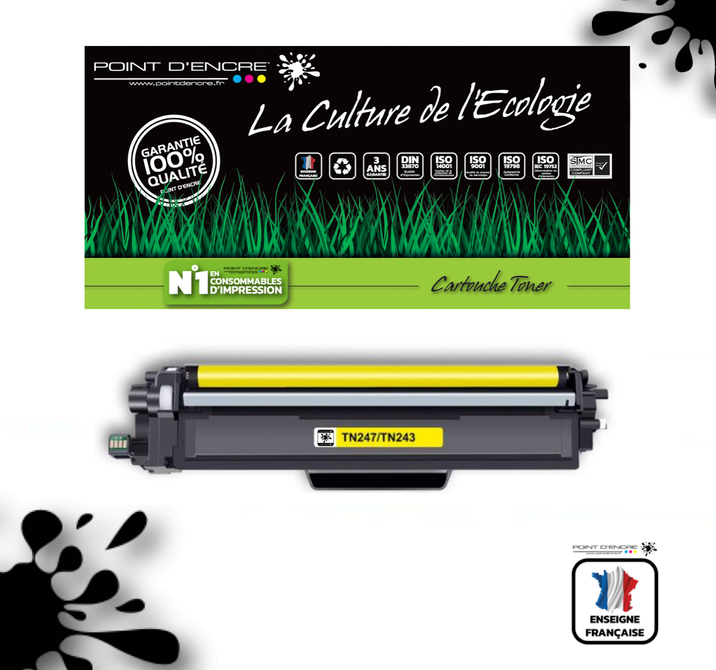 TN247 / TN243 - JAUNE - Grande capacité Marque Francaise POINT D'ENCRE pour Imprimantes compatibles Brother (clbr)