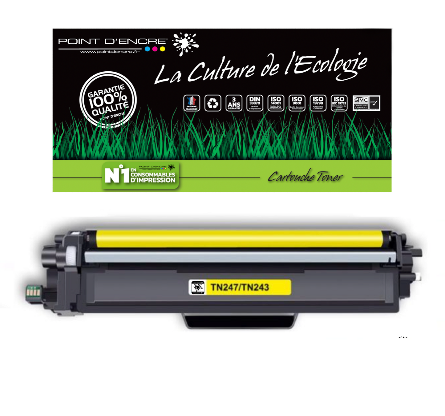 TN247 / TN243 - JAUNE - Grande capacité Marque Francaise POINT D'ENCRE pour Imprimantes compatibles Brother (clbr)
