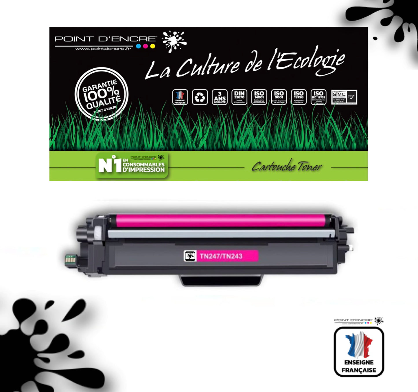 TN247 / TN243 - MAGENTA - Grande capacité Marque Francaise POINT D'ENCRE pour Imprimantes compatibles Brother (clbr)