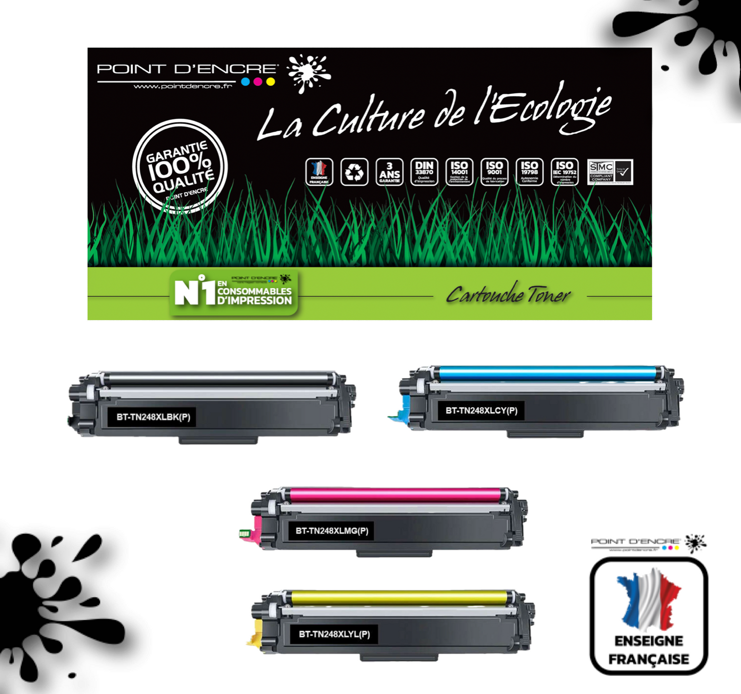 TN248XL -  NOIR / CYAN / MAGENTA / JAUNE - Grande capacité Marque Francaise POINT D'ENCRE pour Imprimantes compatibles Brother (clbr)